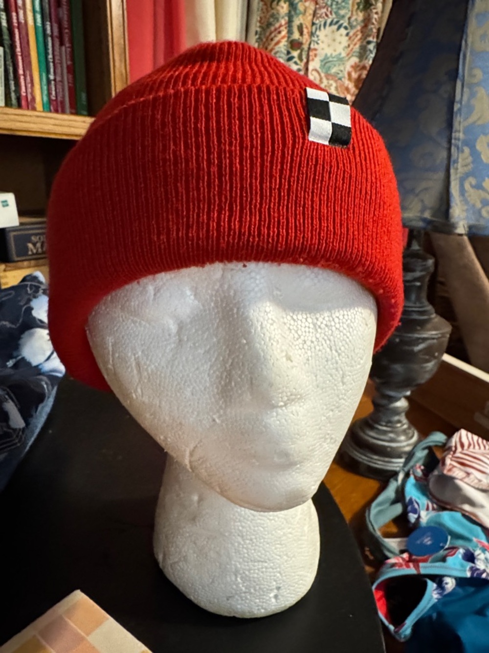 Red Knit Cuffed Beanie with Checker Detail